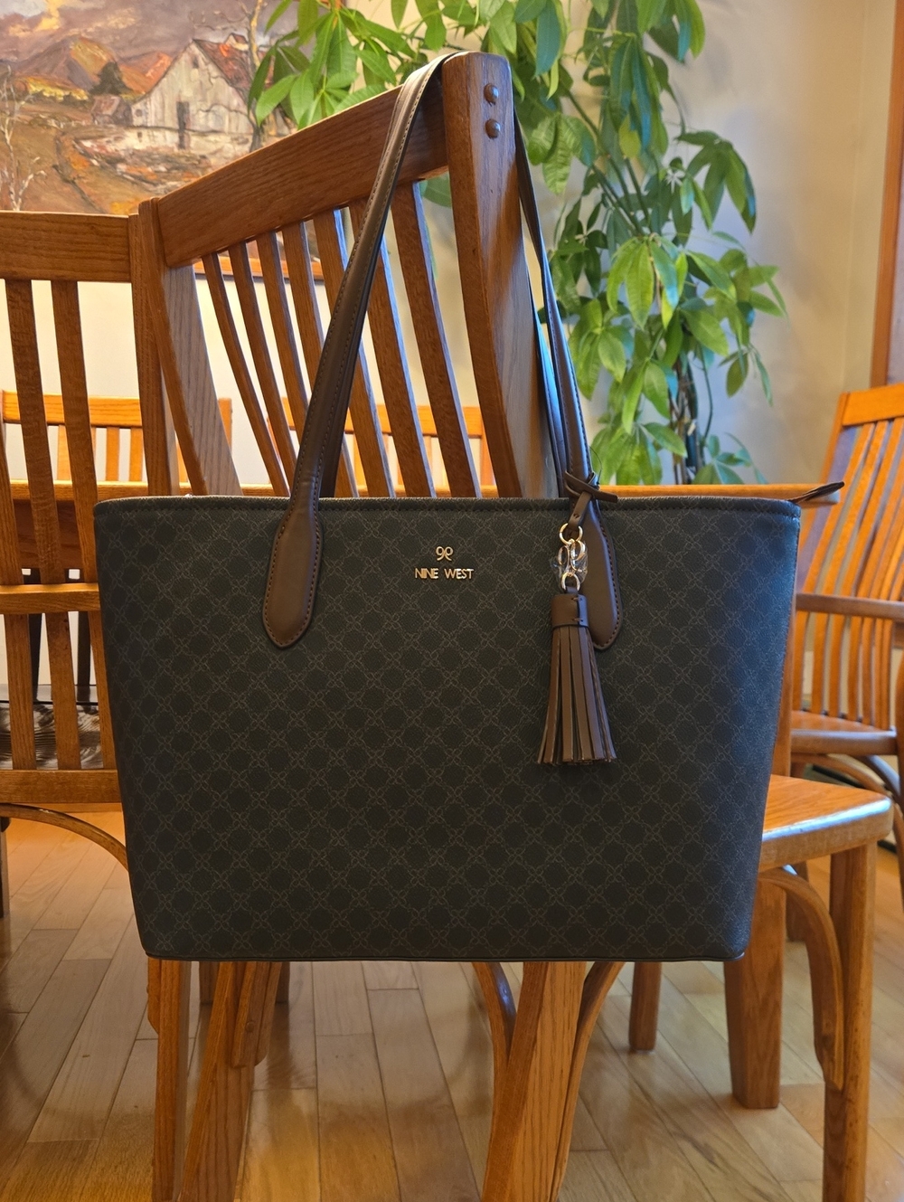 Nine West Monogram Dark Brown and Gold Logo-Print Tote with Tassel